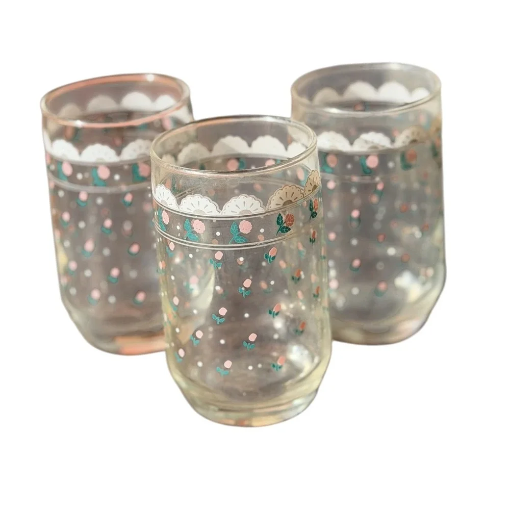 Vintage 1988 Victoriana Pink Rosebud Juice Glasses Set of 3 Floral Tumblers